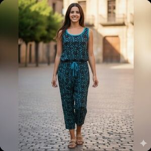 Rue Juju Boho Cropped Jumpsuit Medium Blue Black Tank Festival Casual